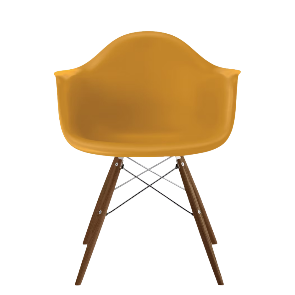 The deep yellow shell Eames Molded Plastic Armchair Dowel-Leg Base with the trivalent chrome base and walnut legs.