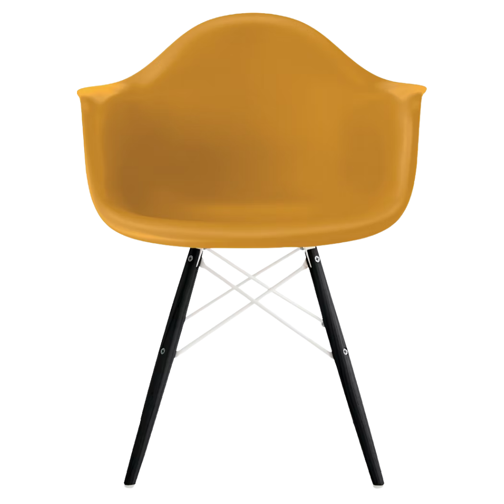 The deep yellow shell Eames Molded Plastic Armchair Dowel-Leg Base with the white base and ebony legs.