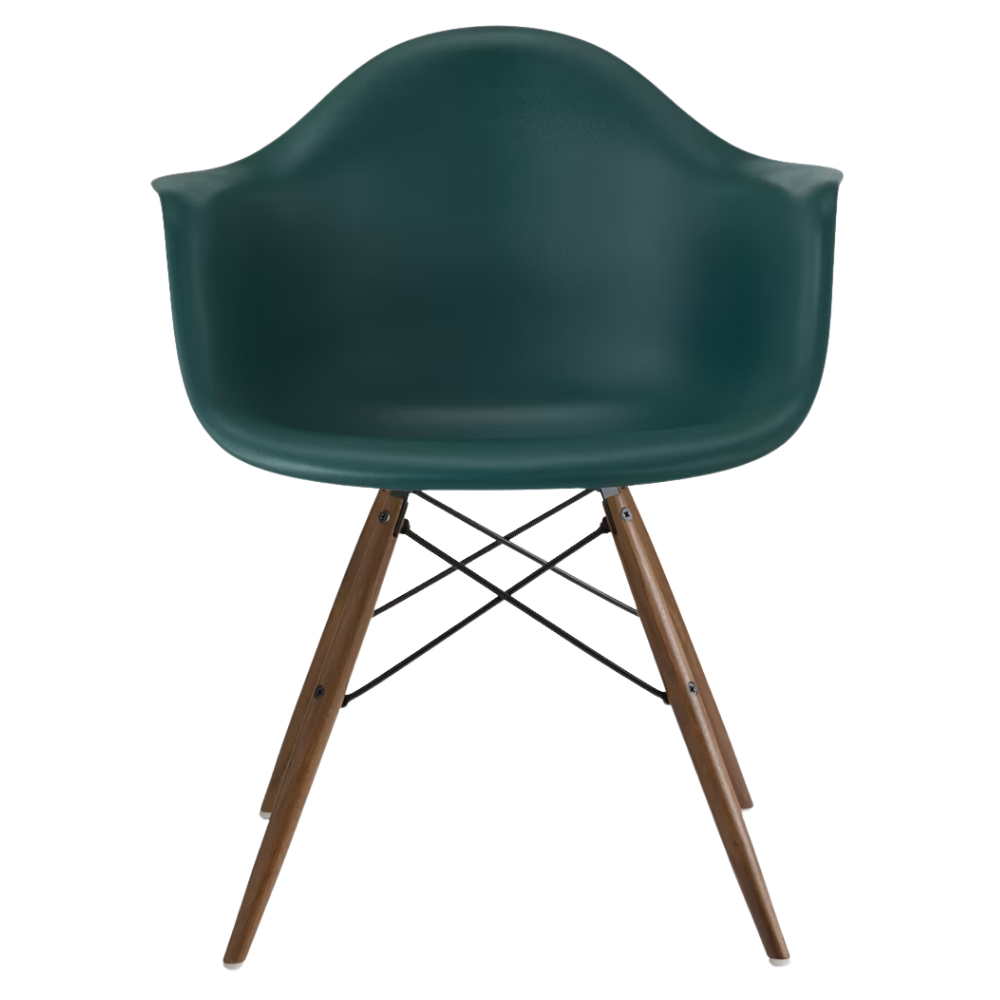 The evergreen shell Eames Molded Plastic Armchair Dowel-Leg Base with the black base and walnut legs.
