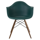 The evergreen shell Eames Molded Plastic Armchair Dowel-Leg Base with the black base and walnut legs.