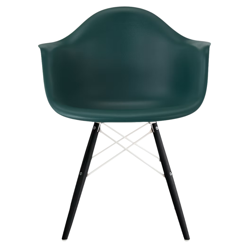 The evergreen shell Eames Molded Plastic Armchair Dowel-Leg Base with the white base and ebony legs.