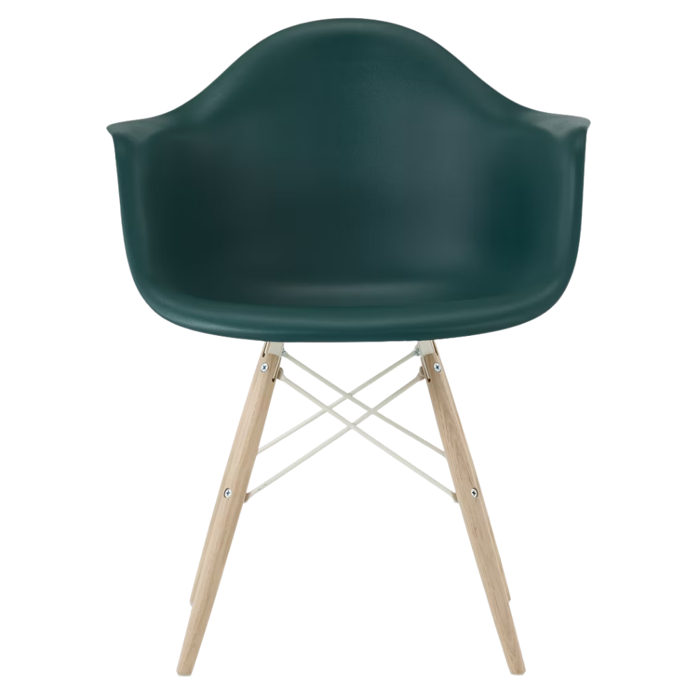 The evergreen shell Eames Molded Plastic Armchair Dowel-Leg Base with the white base and white oak legs.