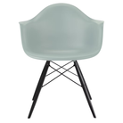 The gray green shell Eames Molded Plastic Armchair Dowel-Leg Base with the black base and ebony legs.