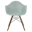 The gray green shell Eames Molded Plastic Armchair Dowel-Leg Base with the black base and walnut legs.