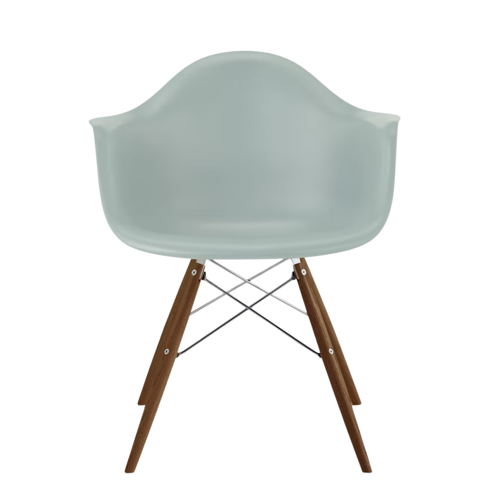 The gray green shell Eames Molded Plastic Armchair Dowel-Leg Base with the trivalent chrome base and walnut legs.