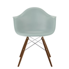 The gray green shell Eames Molded Plastic Armchair Dowel-Leg Base with the trivalent chrome base and walnut legs.