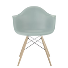 The gray green shell Eames Molded Plastic Armchair Dowel-Leg Base with the trivalent chrome base and white oak legs.