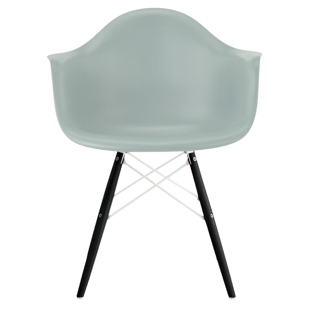 The gray green shell Eames Molded Plastic Armchair Dowel-Leg Base with the white base and ebony legs.