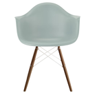 The gray green shell Eames Molded Plastic Armchair Dowel-Leg Base with the white base and walnut legs.