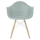 The gray green shell Eames Molded Plastic Armchair Dowel-Leg Base with the white base and white oak legs.