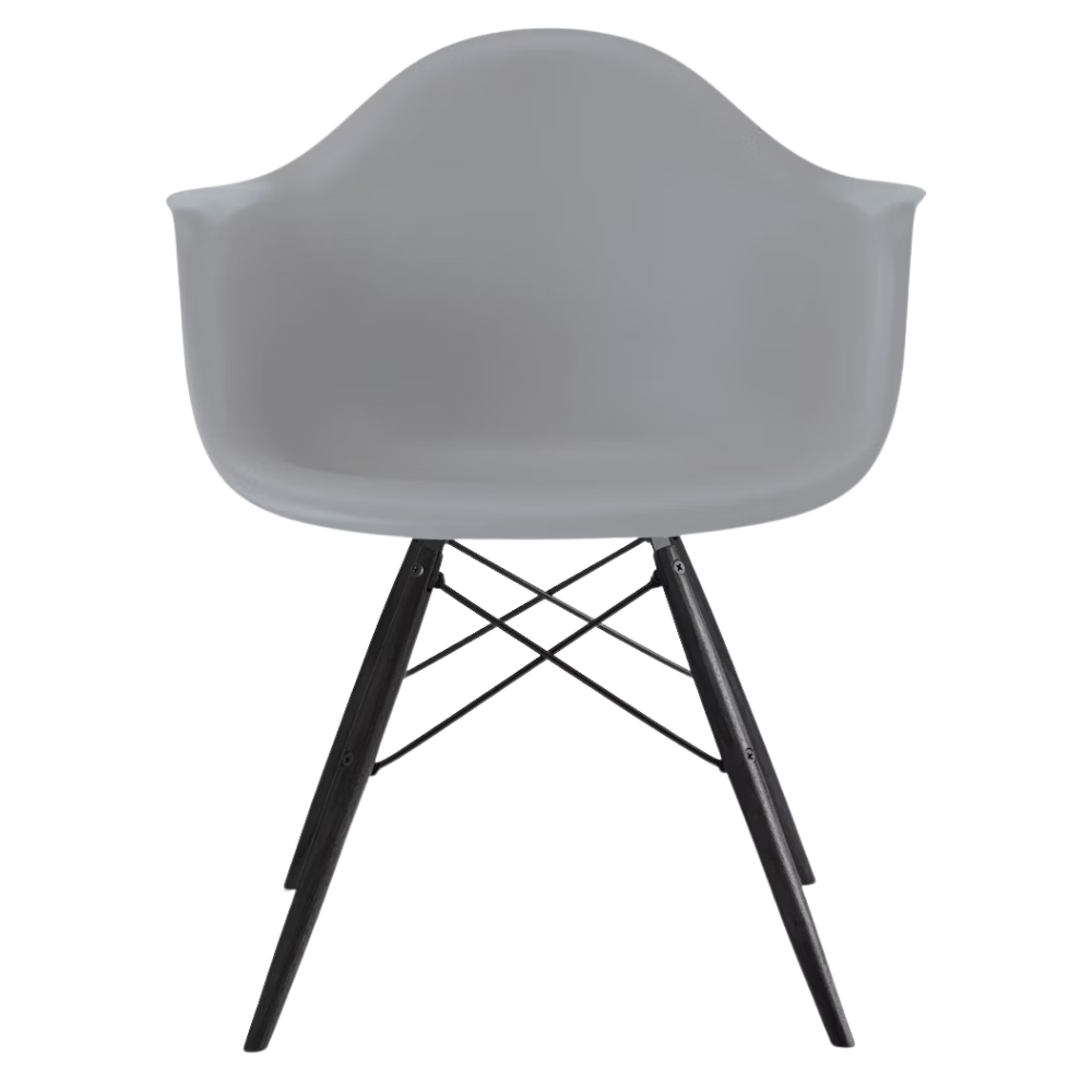 The light gray shell Eames Molded Plastic Armchair Dowel-Leg Base with the black base and ebony legs.
