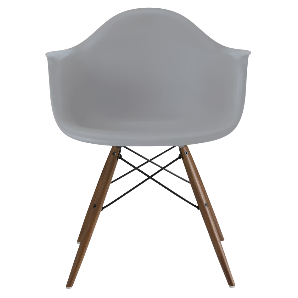 The light gray shell Eames Molded Plastic Armchair Dowel-Leg Base with the black base and walnut legs.