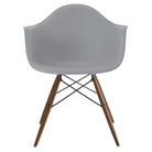 The light gray shell Eames Molded Plastic Armchair Dowel-Leg Base with the black base and walnut legs.