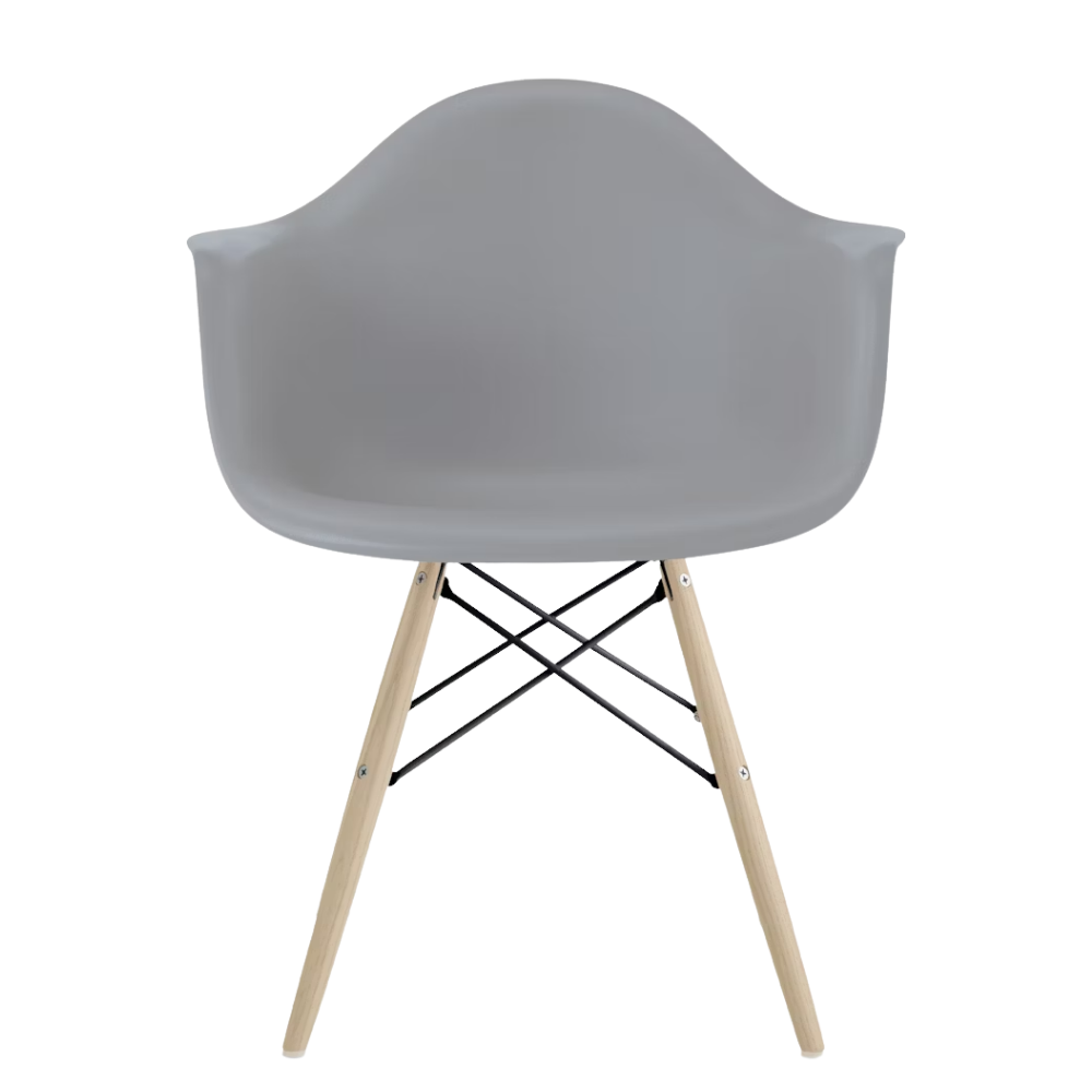 The light gray shell Eames Molded Plastic Armchair Dowel-Leg Base with the black base and white oak legs.