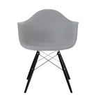 The light gray shell Eames Molded Plastic Armchair Dowel-Leg Base with the trivalent chrome base and ebony legs.