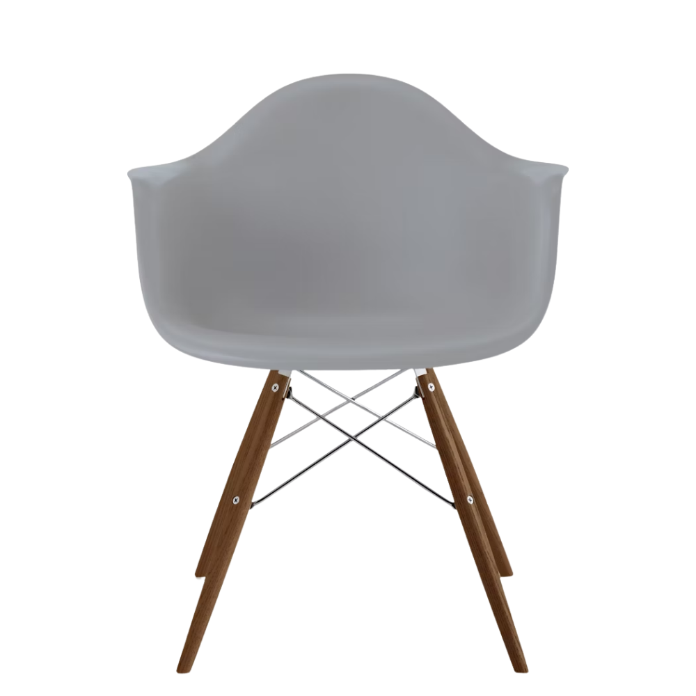 The light gray shell Eames Molded Plastic Armchair Dowel-Leg Base with the trivalent chrome base and walnut legs.
