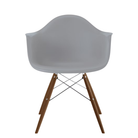 The light gray shell Eames Molded Plastic Armchair Dowel-Leg Base with the trivalent chrome base and walnut legs.
