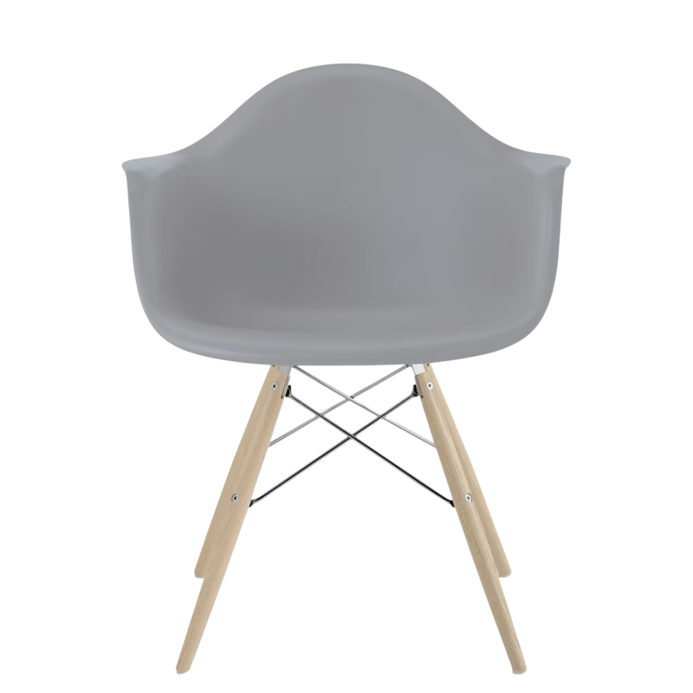 The light gray shell Eames Molded Plastic Armchair Dowel-Leg Base with the trivalent chrome base and white oak legs.
