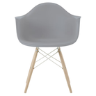 The light gray shell Eames Molded Plastic Armchair Dowel-Leg Base with the white base and white oak legs.