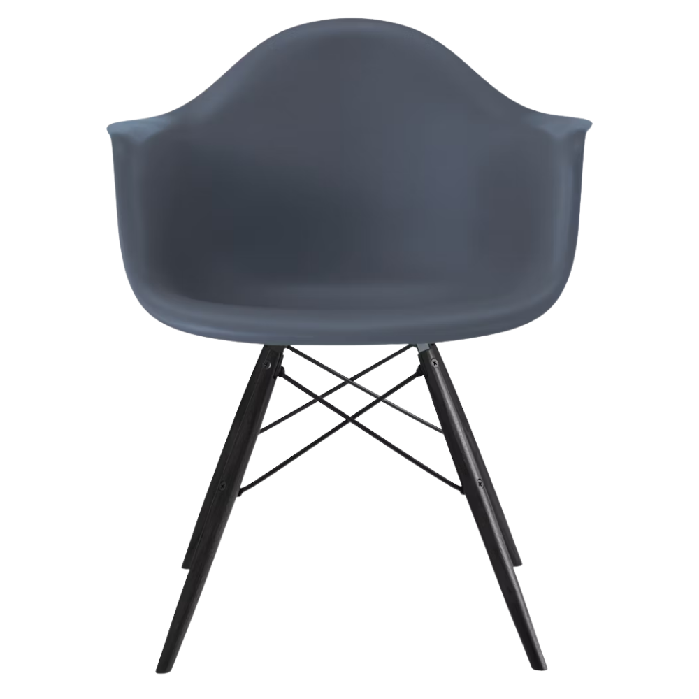 The medium gray shell Eames Molded Plastic Armchair Dowel-Leg Base with the black base and ebony legs.