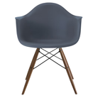 The medium gray shell Eames Molded Plastic Armchair Dowel-Leg Base with the black base and walnut legs.