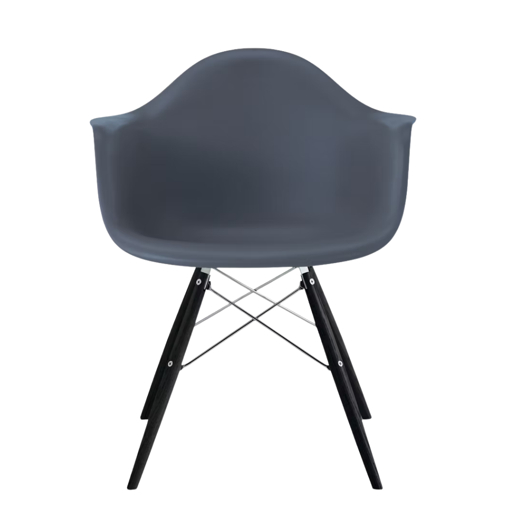 The medium gray shell Eames Molded Plastic Armchair Dowel-Leg Base with the trivalent chrome base and ebony legs.