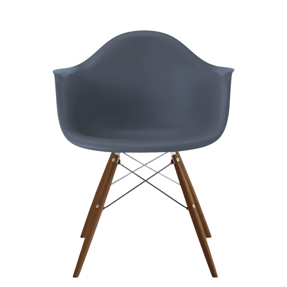 The medium gray shell Eames Molded Plastic Armchair Dowel-Leg Base with the trivalent chrome base and walnut legs.