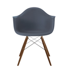 The medium gray shell Eames Molded Plastic Armchair Dowel-Leg Base with the trivalent chrome base and walnut legs.