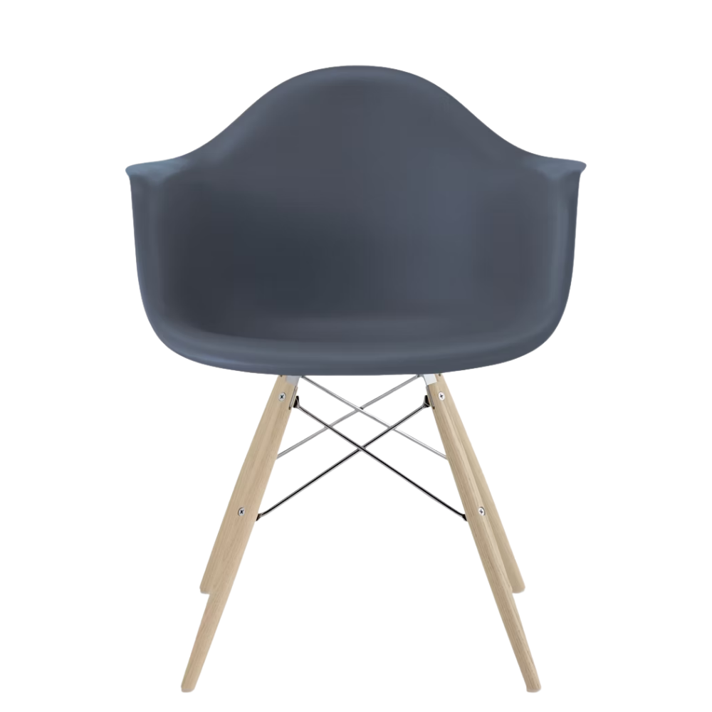 The medium gray shell Eames Molded Plastic Armchair Dowel-Leg Base with the trivalent chrome base and white oak legs.