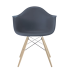 The medium gray shell Eames Molded Plastic Armchair Dowel-Leg Base with the trivalent chrome base and white oak legs.