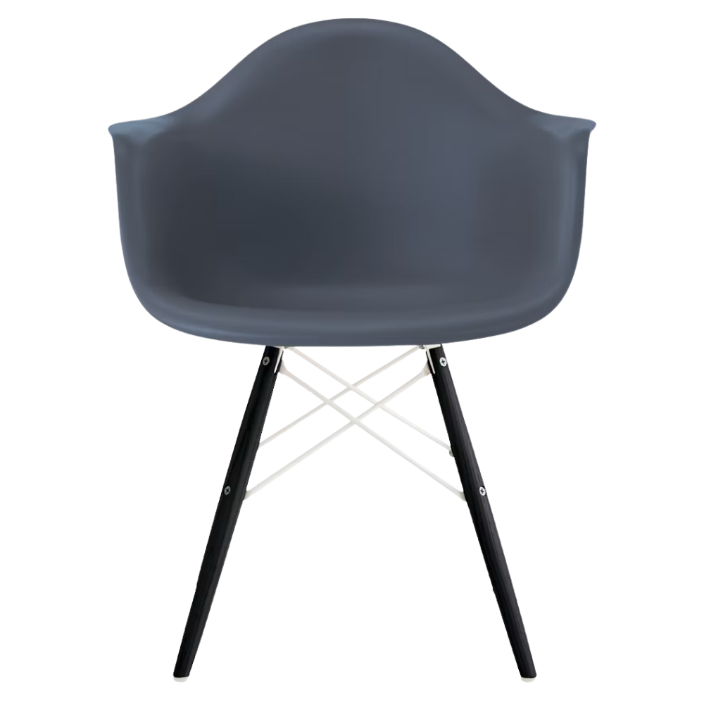 The medium gray shell Eames Molded Plastic Armchair Dowel-Leg Base with the white base and ebony legs.