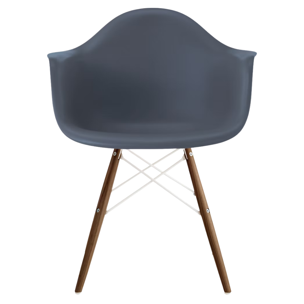 The medium gray shell Eames Molded Plastic Armchair Dowel-Leg Base with the white base and walnut legs.