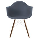 The medium gray shell Eames Molded Plastic Armchair Dowel-Leg Base with the white base and walnut legs.