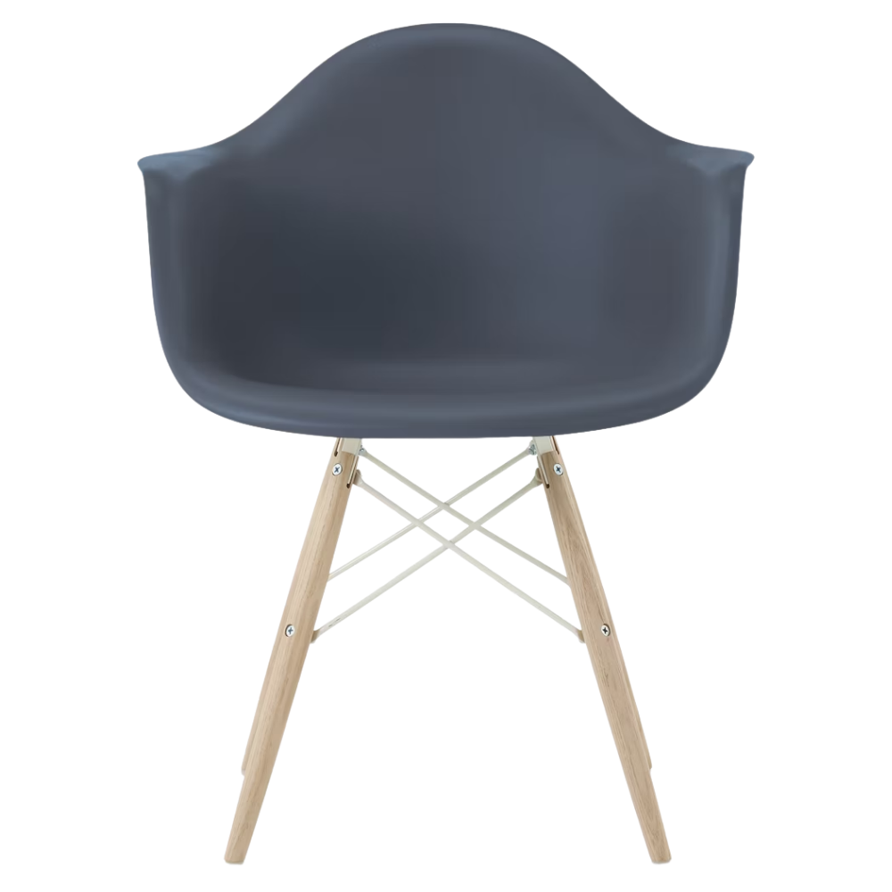 The medium gray shell Eames Molded Plastic Armchair Dowel-Leg Base with the white base and white oak legs.