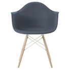 The medium gray shell Eames Molded Plastic Armchair Dowel-Leg Base with the white base and white oak legs.