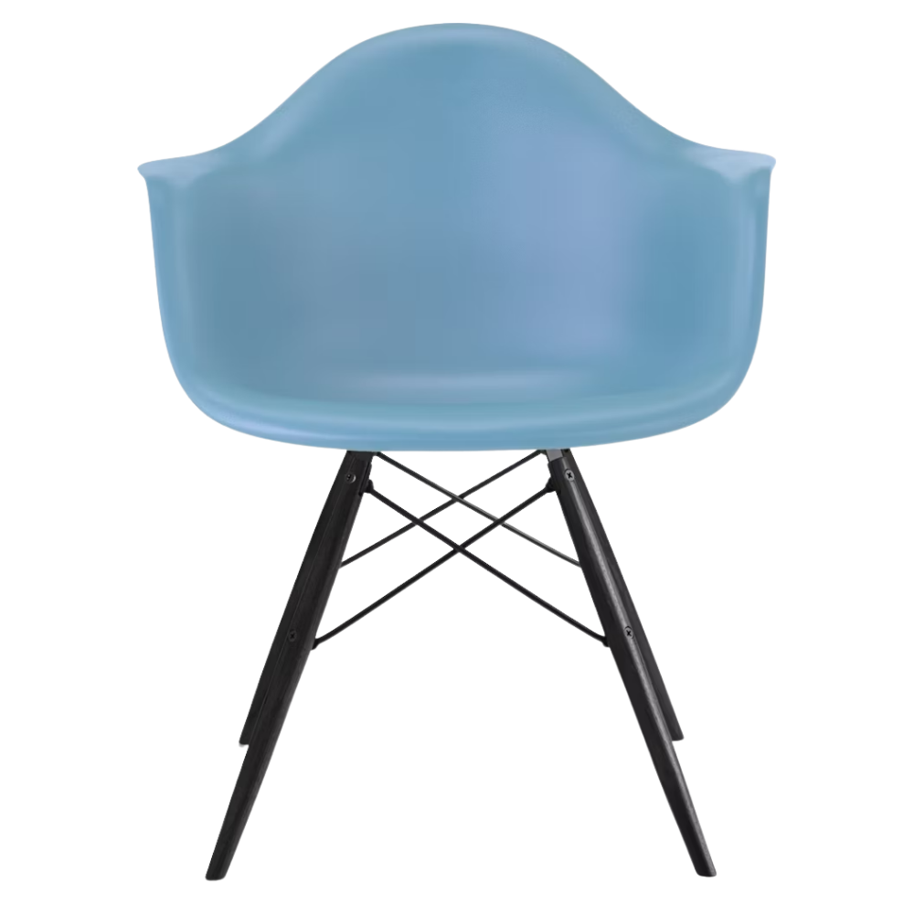 The pale blue shell Eames Molded Plastic Armchair Dowel-Leg Base with the black base and ebony legs.
