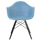 The pale blue shell Eames Molded Plastic Armchair Dowel-Leg Base with the black base and ebony legs.