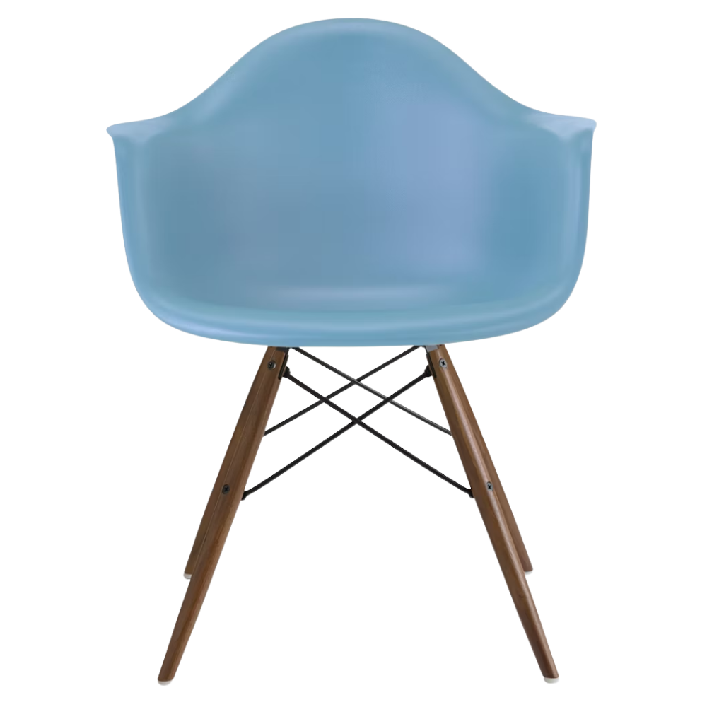The pale blue shell Eames Molded Plastic Armchair Dowel-Leg Base with the black base and walnut legs.