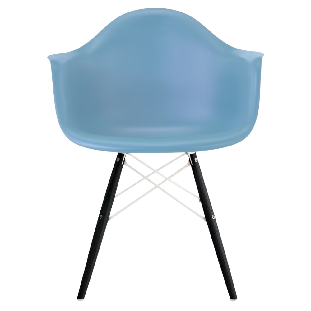 The pale blue shell Eames Molded Plastic Armchair Dowel-Leg Base with the white base and ebony legs.