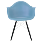 The pale blue shell Eames Molded Plastic Armchair Dowel-Leg Base with the white base and ebony legs.