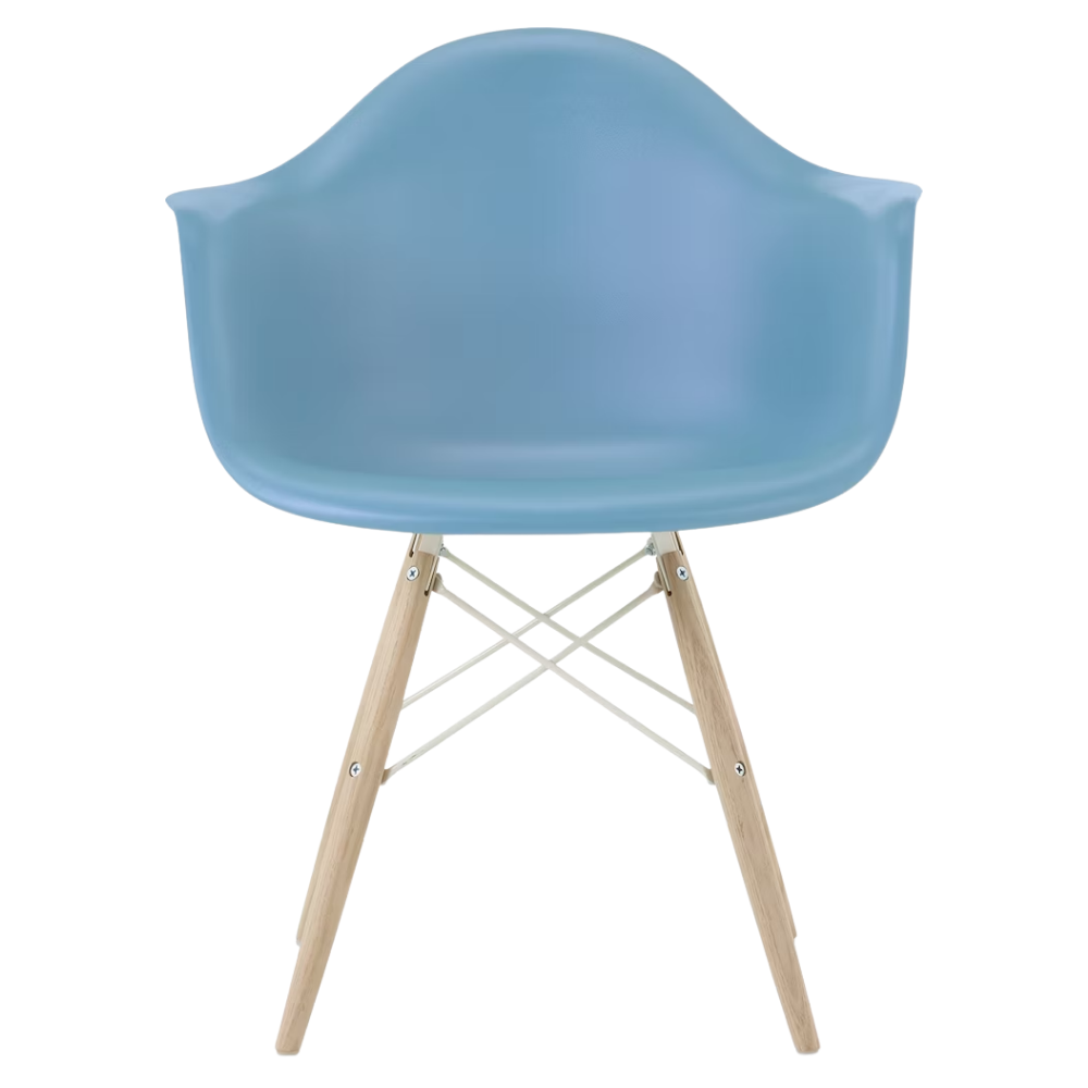 The pale blue shell Eames Molded Plastic Armchair Dowel-Leg Base with the white base and white oak legs.