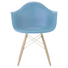 The pale blue shell Eames Molded Plastic Armchair Dowel-Leg Base with the white base and white oak legs.