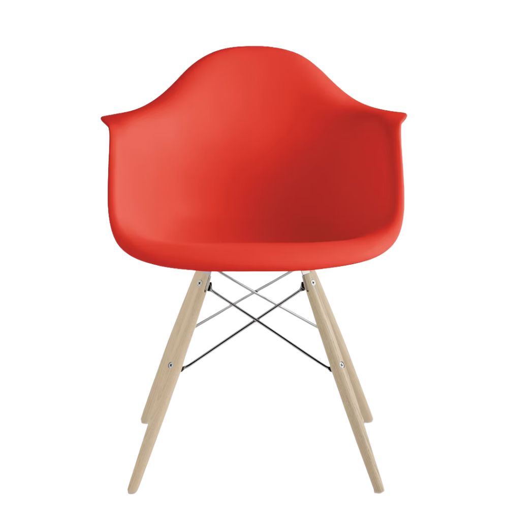 The red orange shell Eames Molded Plastic Armchair Dowel-Leg Base with the trivalent chrome base and white oak legs.