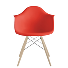 The red orange shell Eames Molded Plastic Armchair Dowel-Leg Base with the trivalent chrome base and white oak legs.