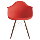 The red orange shell Eames Molded Plastic Armchair Dowel-Leg Base with the white base and walnut legs.
