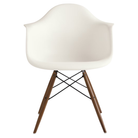 The white shell Eames Molded Plastic Armchair Dowel-Leg Base with the black base and walnut legs.