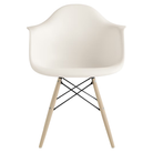 The white shell Eames Molded Plastic Armchair Dowel-Leg Base with the black base and white oak legs.