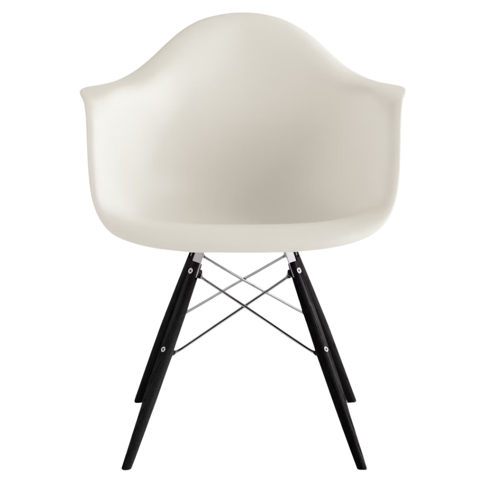 The white shell Eames Molded Plastic Armchair Dowel-Leg Base with the trivalent chrome base and ebony legs.