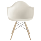 The white shell Eames Molded Plastic Armchair Dowel-Leg Base with the trivalent chrome base and white oak legs.
