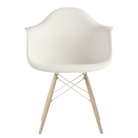 The white shell Eames Molded Plastic Armchair Dowel-Leg Base with the white base and white oak legs.